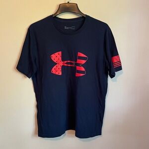 Under Armour Mens Freedom Flag T-Shirt Navy Blue Red Logo HeatGear Large Loose